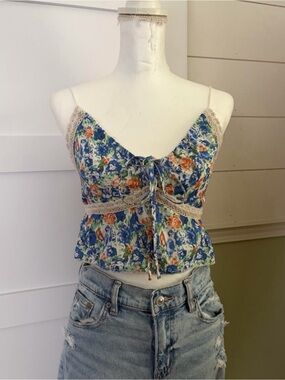 Floral Lace-Trim Blue & Orange Spaghetti Strap Crop Top